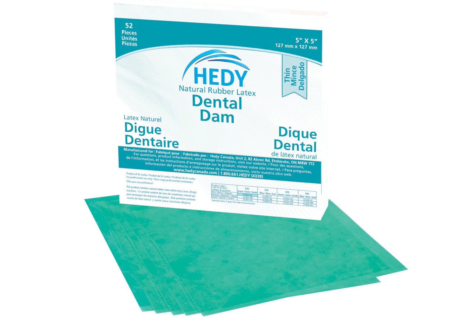 Latex dental dam 5x5 thin green 310dg 5t new